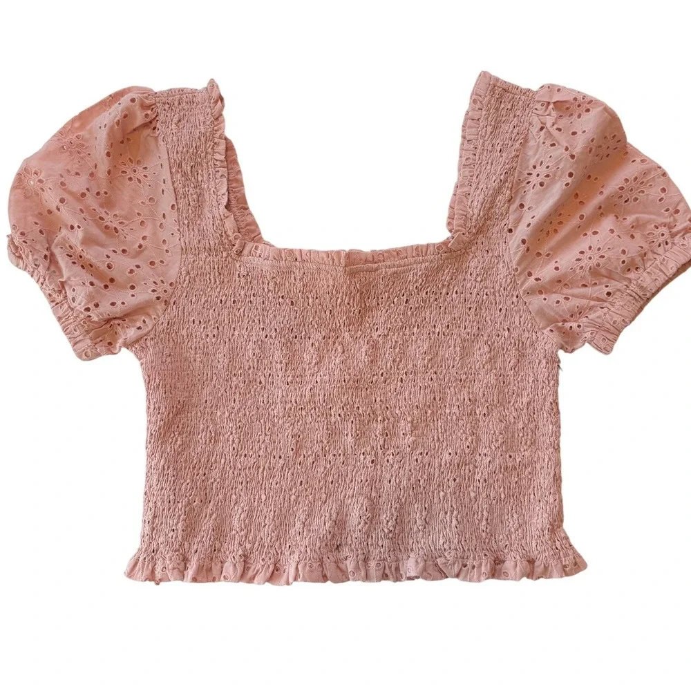 NEW ASTR Smocked Eyelet Puff Sleeve Top Peachy Pink Womens Large Coquette Pastel